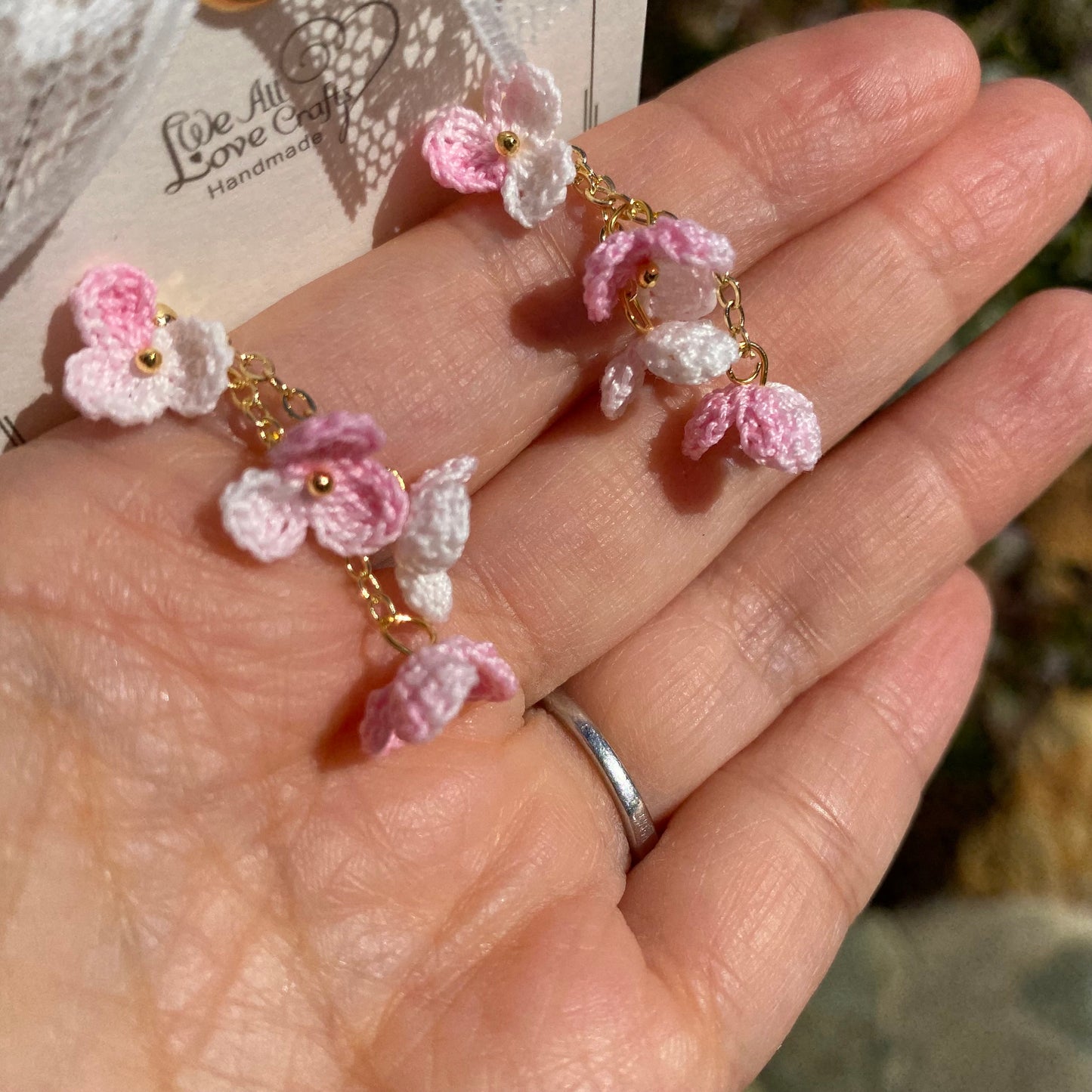 Load image into Gallery viewer, Pink ombre flower cluster crochet dangle stud earrings/Micro crochet/14k gold/gift for her/Knitting handmade jewelry
