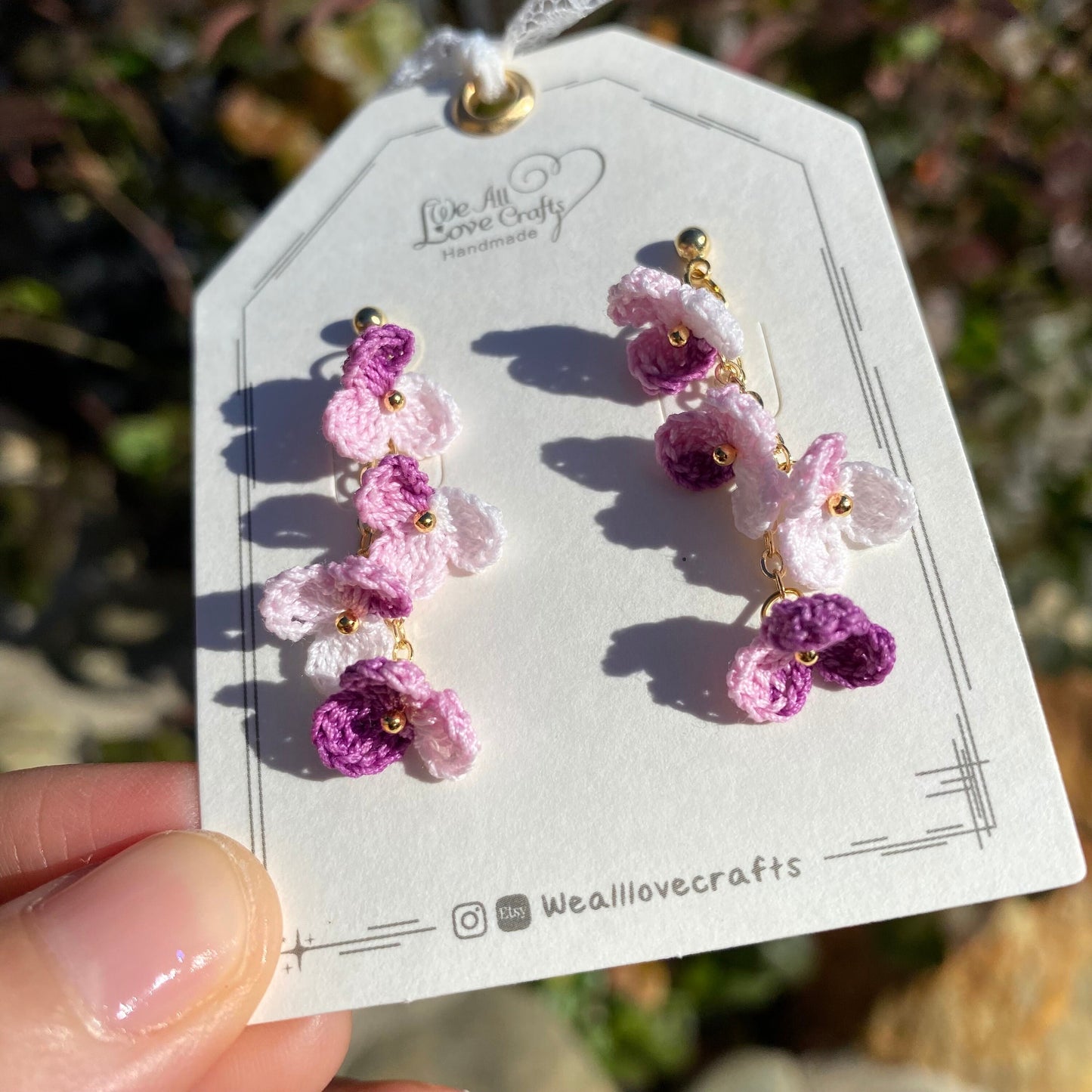 Purple ombre flower cluster crochet dangle stud earrings/Micro crochet/14k gold/gift for her/Knitting handmade jewelry