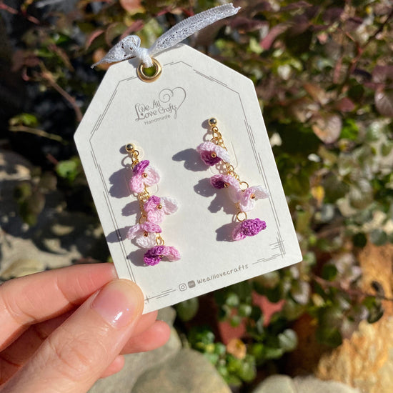 Purple ombre flower cluster crochet dangle stud earrings/Micro crochet/14k gold/gift for her/Knitting handmade jewelry