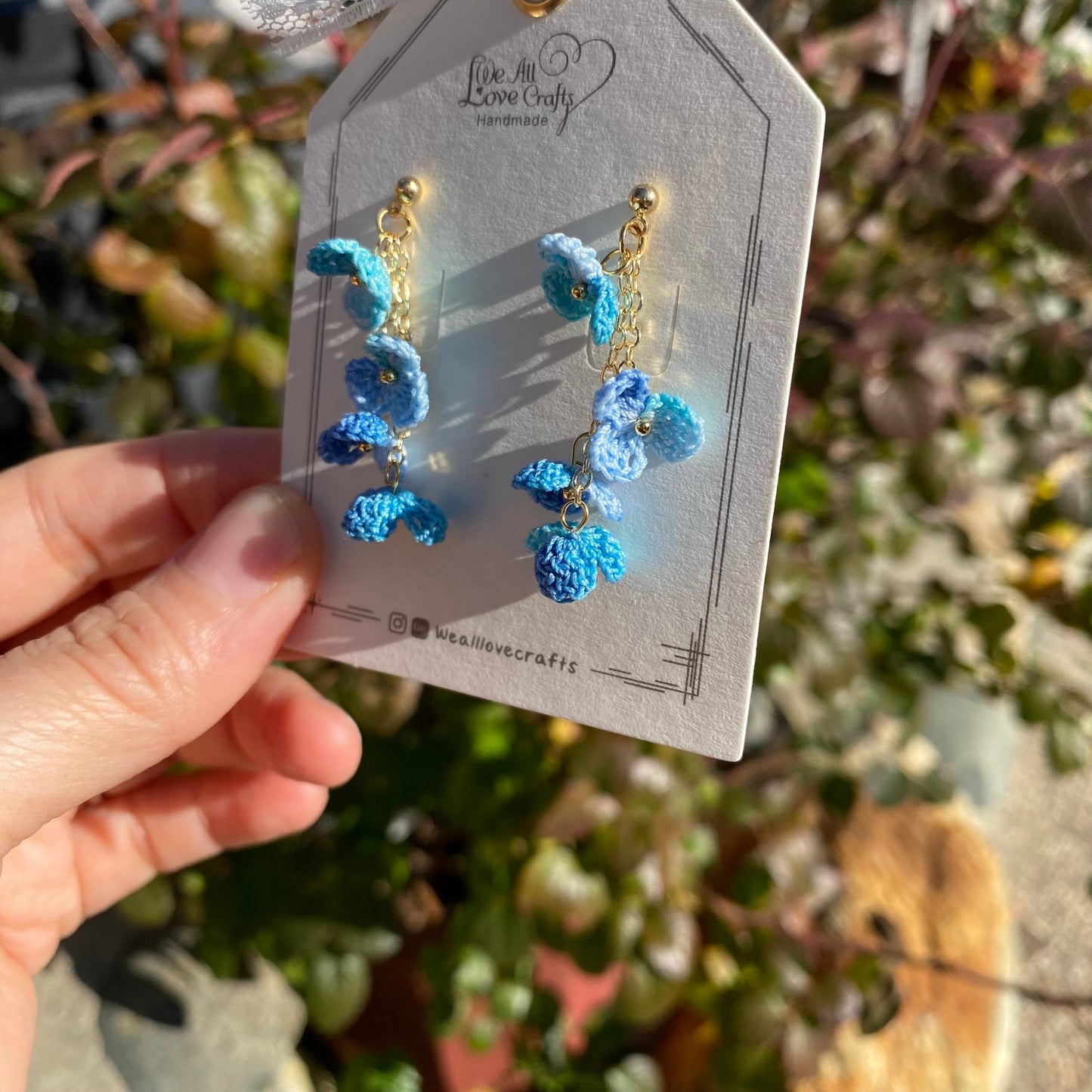 Blue ombre flower cluster crochet dangle stud earrings/Micro crochet/14k gold/gift for her/Knitting handmade jewelry