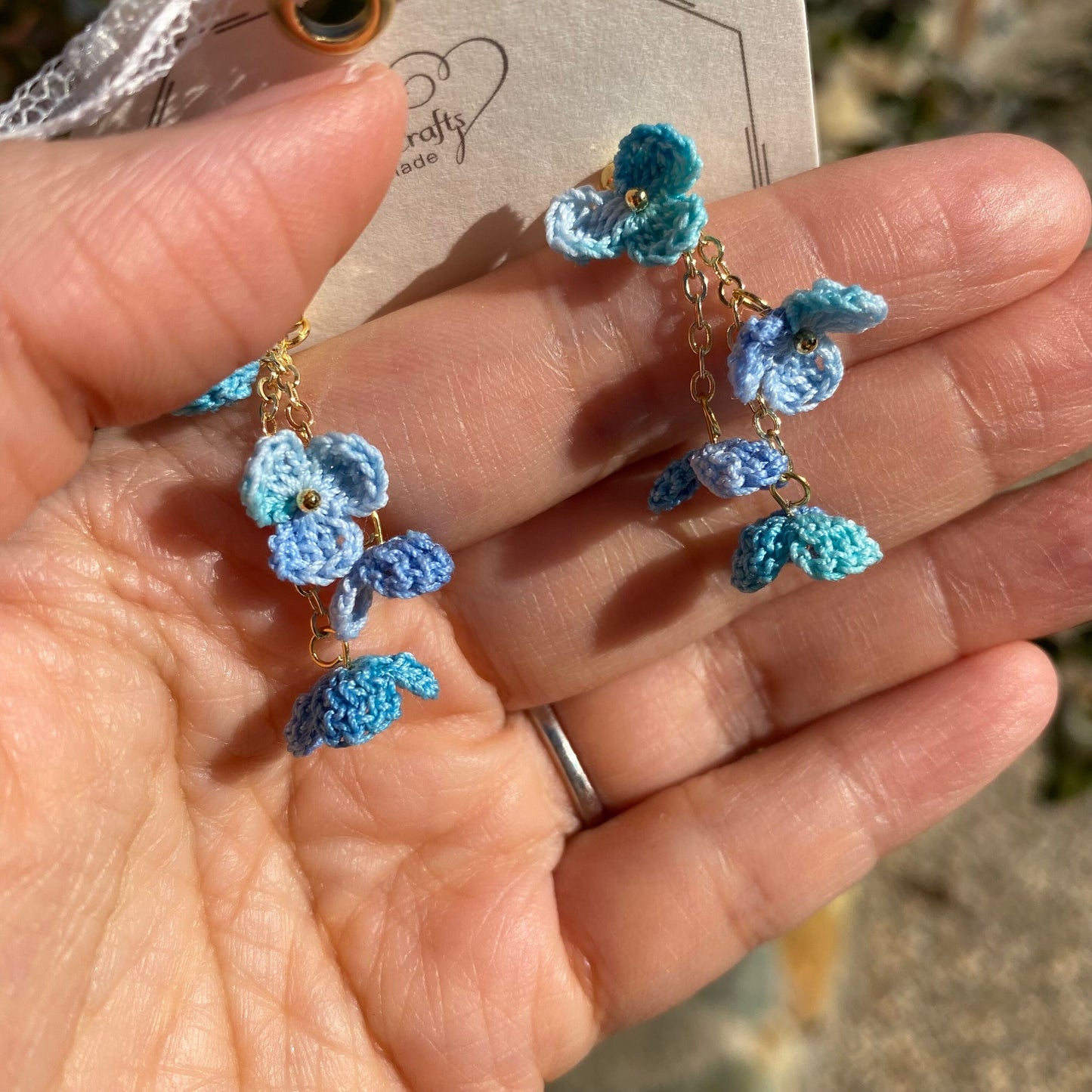 Blue ombre flower cluster crochet dangle stud earrings/Micro crochet/14k gold/gift for her/Knitting handmade jewelry