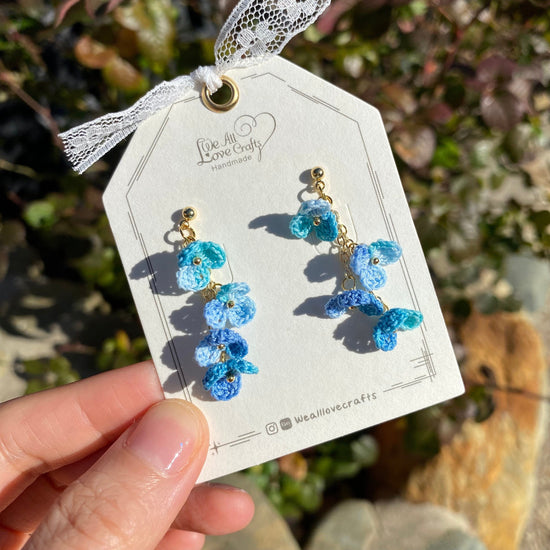 Blue ombre flower cluster crochet dangle stud earrings/Micro crochet/14k gold/gift for her/Knitting handmade jewelry