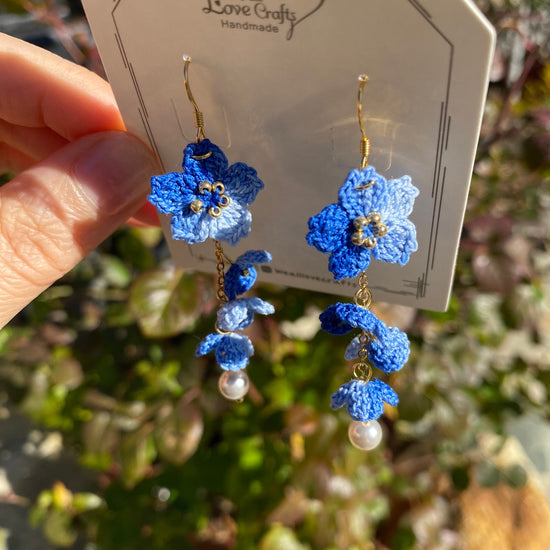 Indigo Dark Blue ombre Cherry blossom flower cluster crochet dangle earrings/Micro crochet/14k gold/gift for her/Knitting handmade jewelry