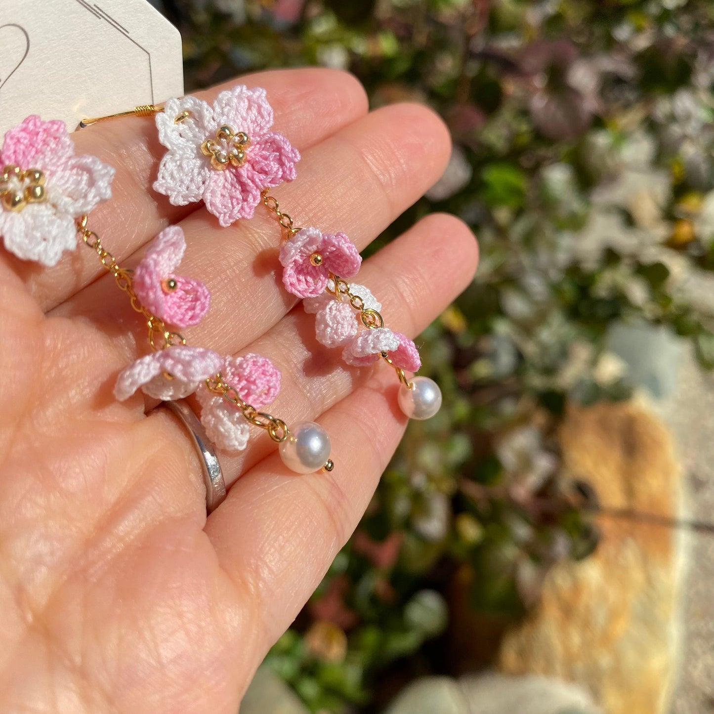 Light Pink ombre Cherry blossom flower cluster crochet dangle earrings/Micro crochet/14k gold/gift for her/Knitting handmade jewelry