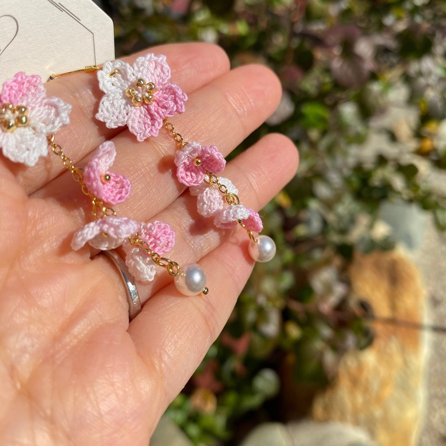Load image into Gallery viewer, Light Pink ombre Cherry blossom flower cluster crochet dangle earrings/Micro crochet/14k gold/gift for her/Knitting handmade jewelry
