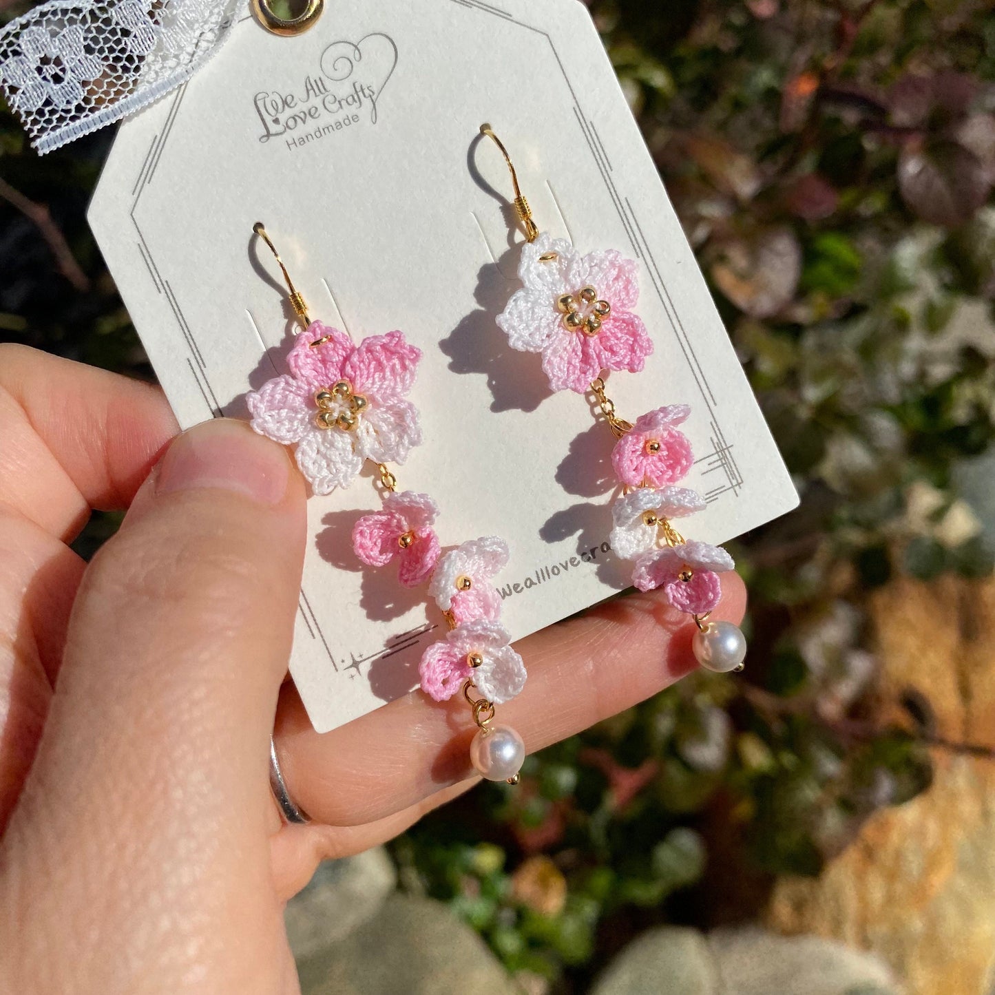 Light Pink ombre Cherry blossom flower cluster crochet dangle earrings/Micro crochet/14k gold/gift for her/Knitting handmade jewelry