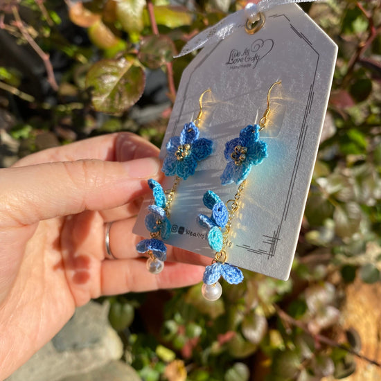 Blue ombre Cherry blossom flower cluster crochet dangle earrings/Micro crochet/14k gold/gift for her/Knitting handmade jewelry