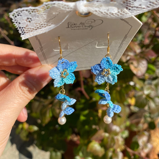 Load image into Gallery viewer, Blue ombre Cherry blossom flower cluster crochet dangle earrings/Micro crochet/14k gold/gift for her/Knitting handmade jewelry
