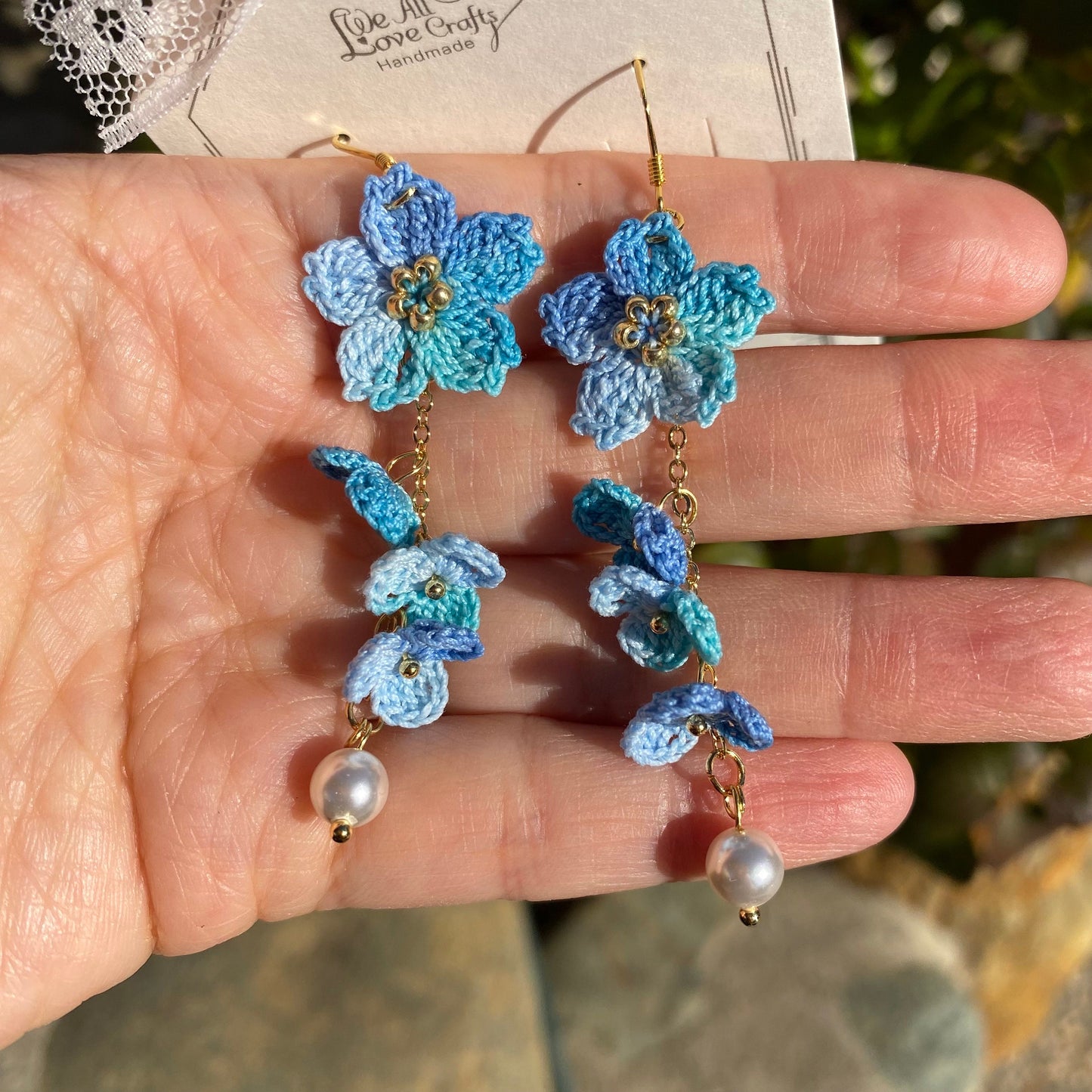 Blue ombre Cherry blossom flower cluster crochet dangle earrings/Micro crochet/14k gold/gift for her/Knitting handmade jewelry