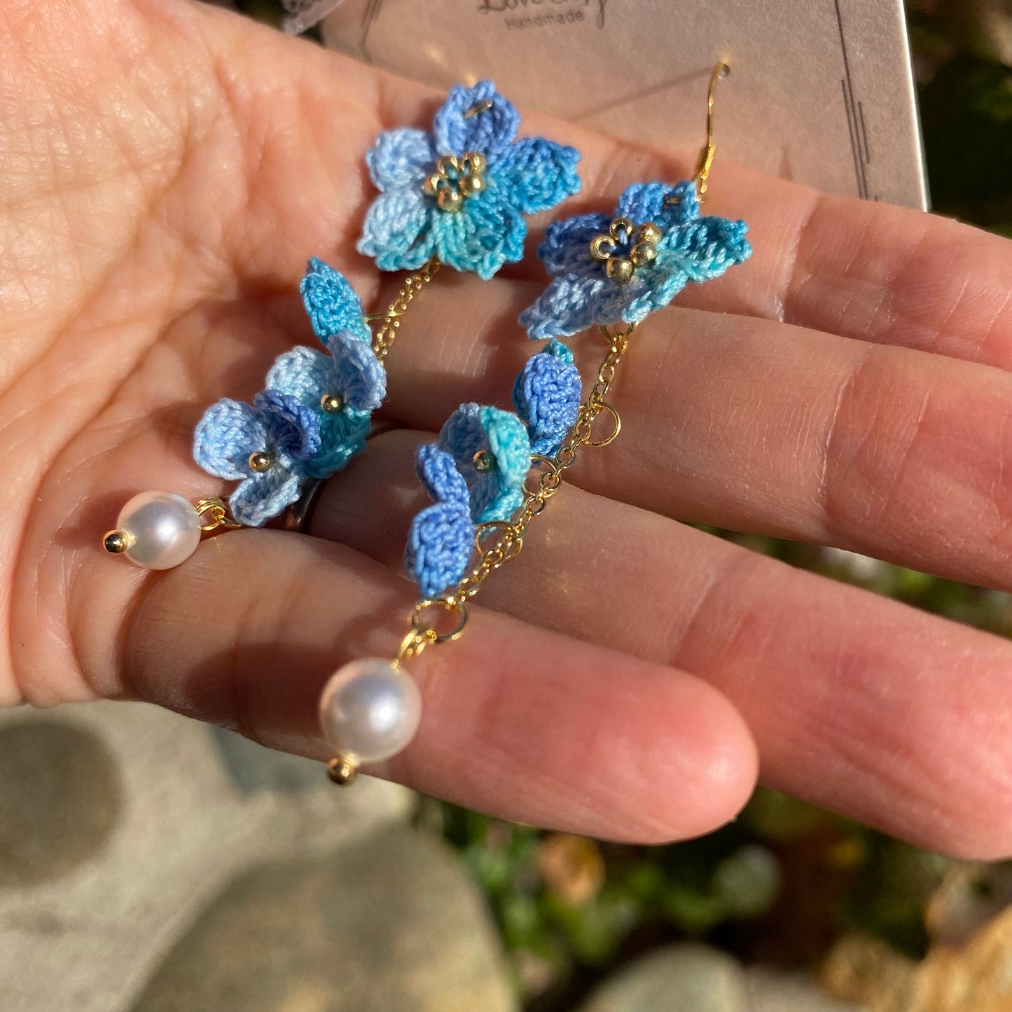 Load image into Gallery viewer, Blue ombre Cherry blossom flower cluster crochet dangle earrings/Micro crochet/14k gold/gift for her/Knitting handmade jewelry
