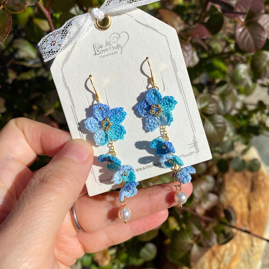 Blue ombre Cherry blossom flower cluster crochet dangle earrings/Micro crochet/14k gold/gift for her/Knitting handmade jewelry