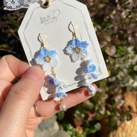 Load image into Gallery viewer, Light Blue ombre Cherry blossom flower cluster crochet dangle earrings/Micro crochet/14k gold/gift for her/Knitting handmade jewelry

