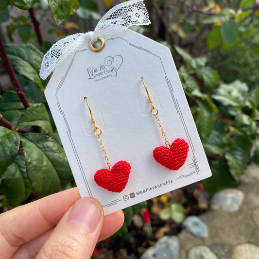 Red 3D heart crochet dangle earrings/Microcrochet/14k gold plated/Valentine's day Love gift for her/Knitting handmade jewelry