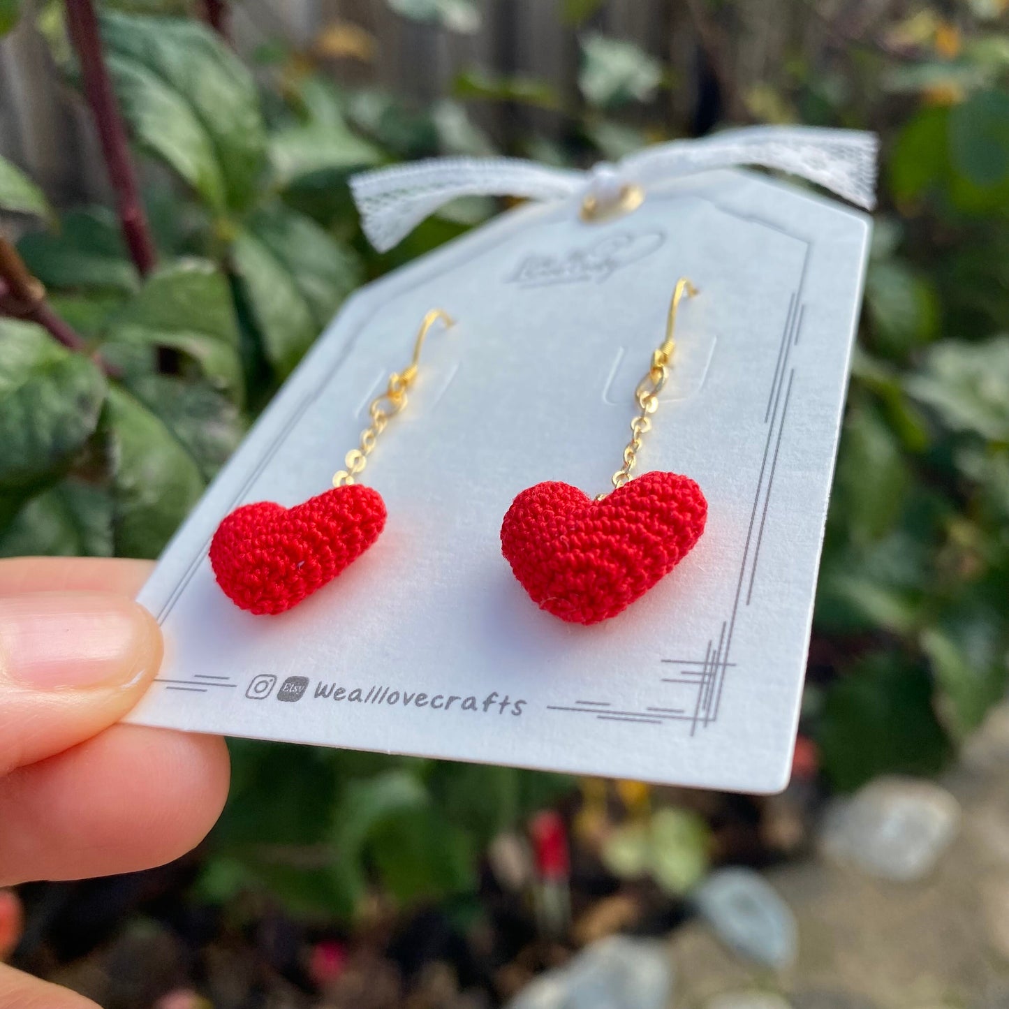 Red 3D heart crochet dangle earrings/Microcrochet/14k gold plated/Valentine's day Love gift for her/Knitting handmade jewelry