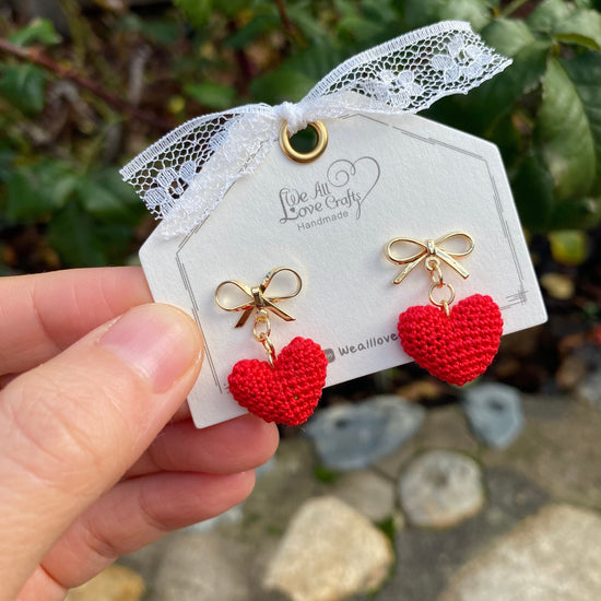 Red 3D heart with gold bow tie crochet stud earrings/Microcrochet/14k gold plated/Valentine's day gift for her/Knitting handmade jewelry