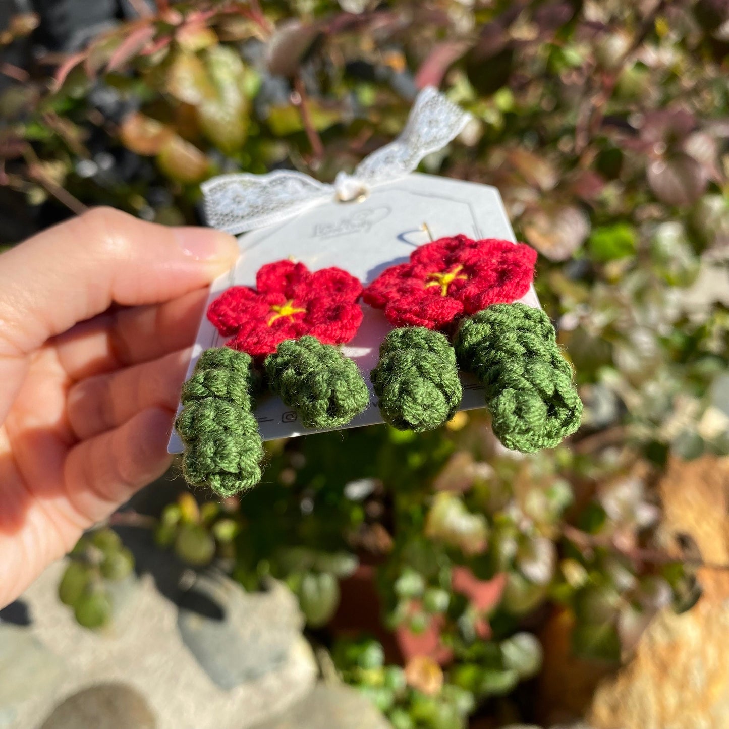 Red flower with curled leaves crochet dangle earrings/Microcrochet/14k gold/gift for her/kitted twine/Knitting handmade jewelry/Ship from US