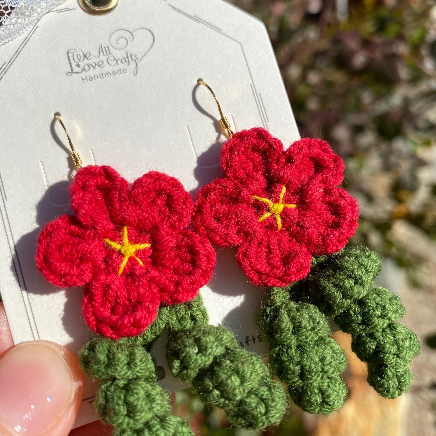 Red flower with curled leaves crochet dangle earrings/Microcrochet/14k gold/gift for her/kitted twine/Knitting handmade jewelry/Ship from US