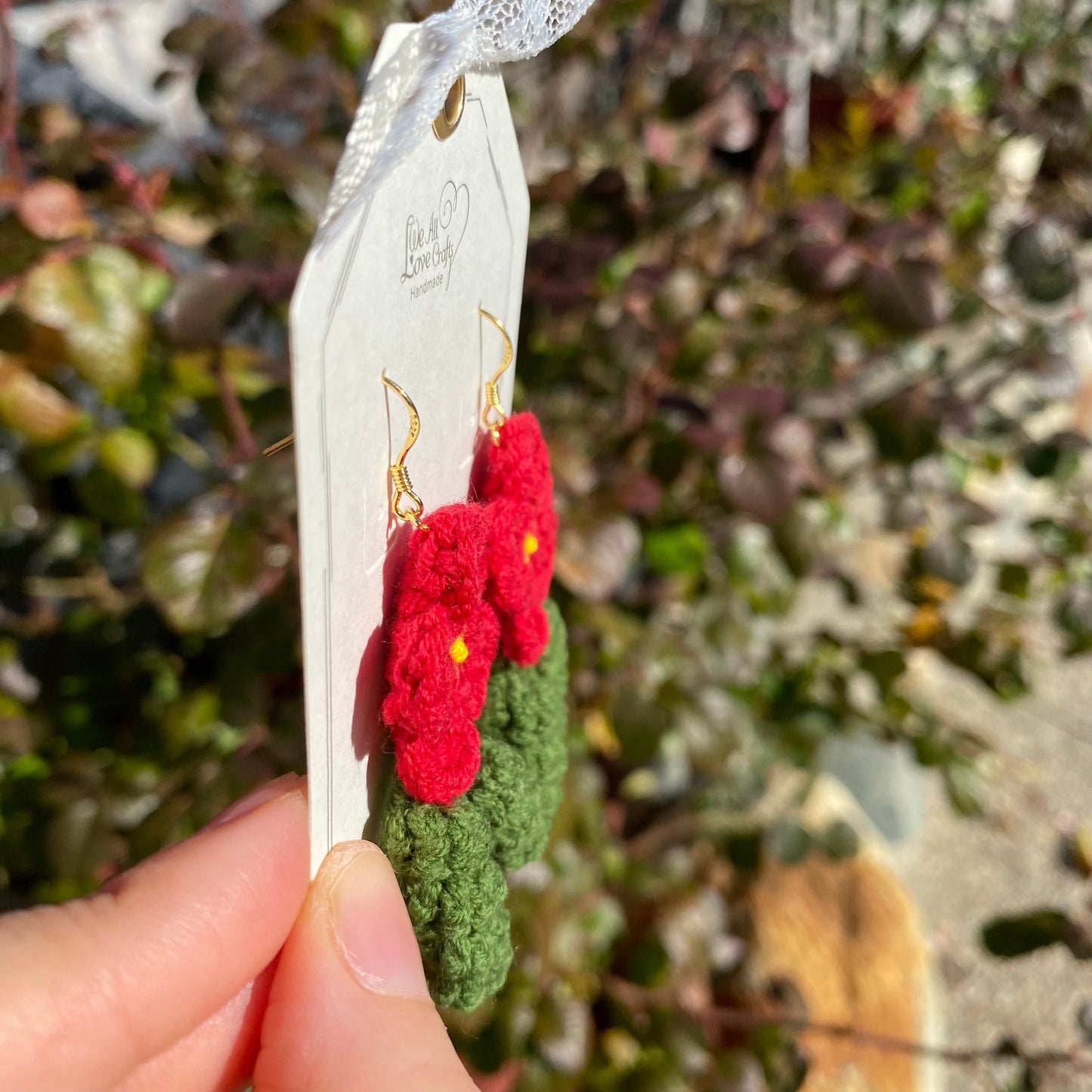 Red flower with curled leaves crochet dangle earrings/Microcrochet/14k gold/gift for her/kitted twine/Knitting handmade jewelry/Ship from US