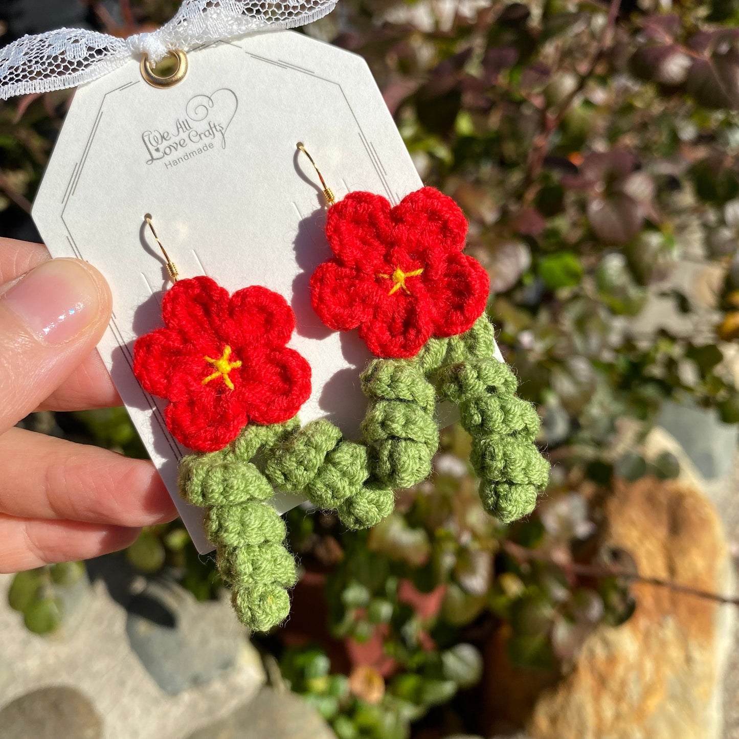 Red flower with curled leaves crochet dangle earrings/Microcrochet/14k gold/gift for her/kitted twine/Knitting handmade jewelry/Ship from US