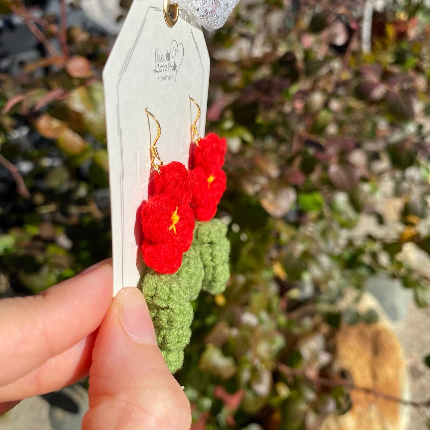 Red flower with curled leaves crochet dangle earrings/Microcrochet/14k gold/gift for her/kitted twine/Knitting handmade jewelry/Ship from US