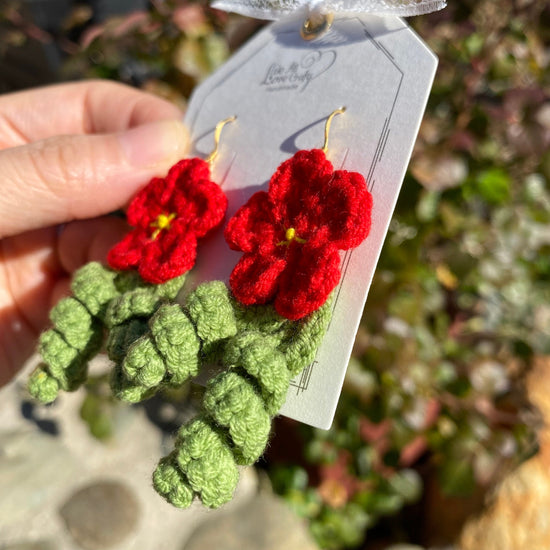 Red flower with curled leaves crochet dangle earrings/Microcrochet/14k gold/gift for her/kitted twine/Knitting handmade jewelry/Ship from US