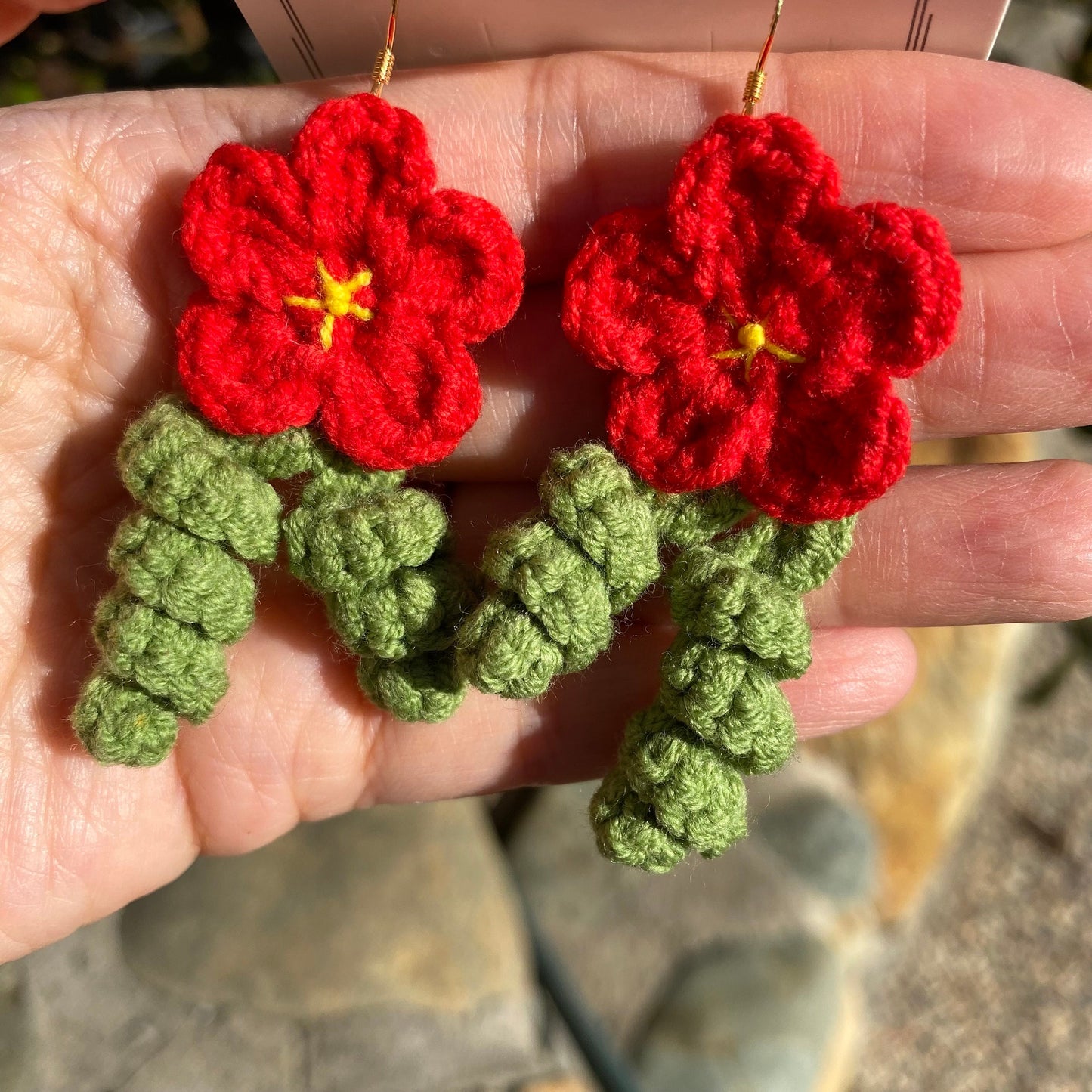 Red flower with curled leaves crochet dangle earrings/Microcrochet/14k gold/gift for her/kitted twine/Knitting handmade jewelry/Ship from US