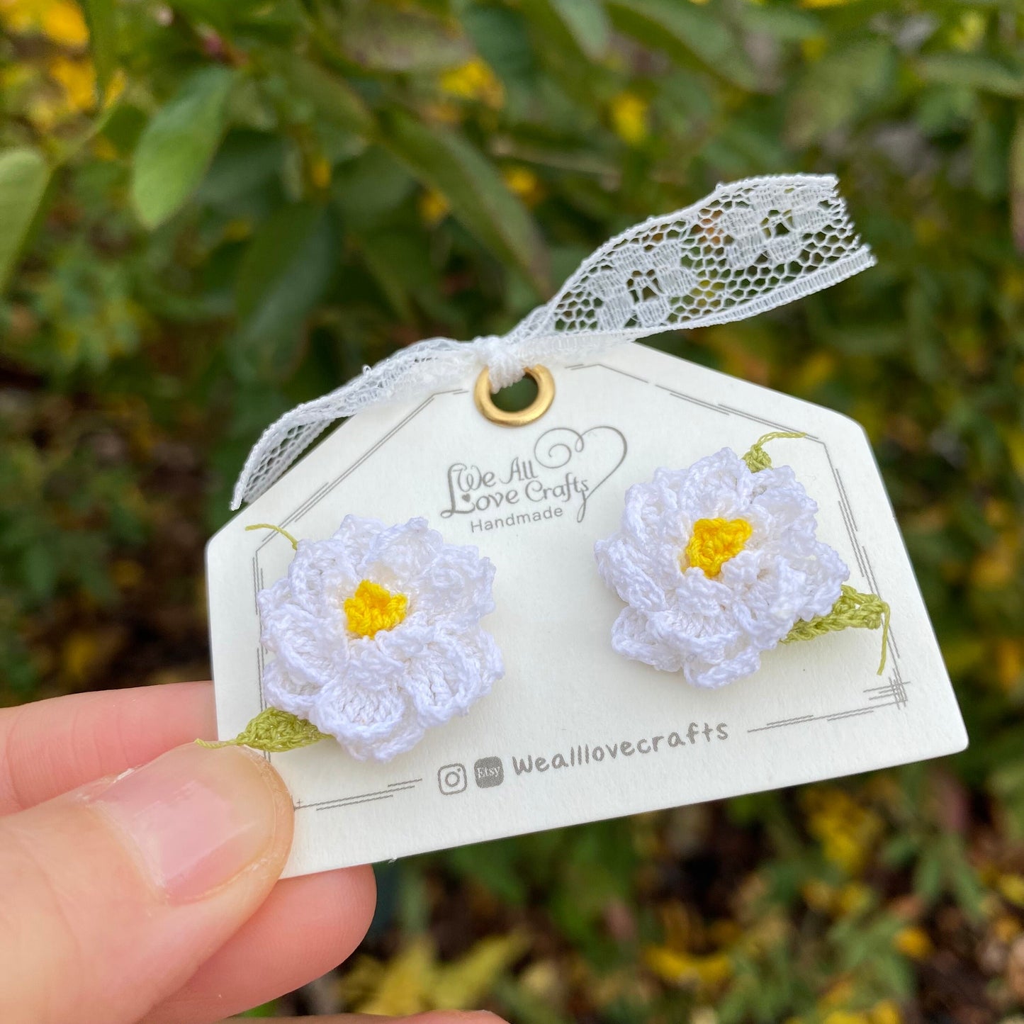 White Gardenia with leaves crochet stud earrings/Microcrochet//925 sterling sliver/Flower jewelry gift for her/Spring floral accessories