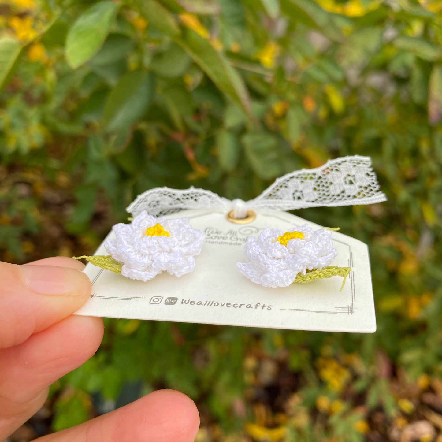 White Gardenia with leaves crochet stud earrings/Microcrochet//925 sterling sliver/Flower jewelry gift for her/Spring floral accessories