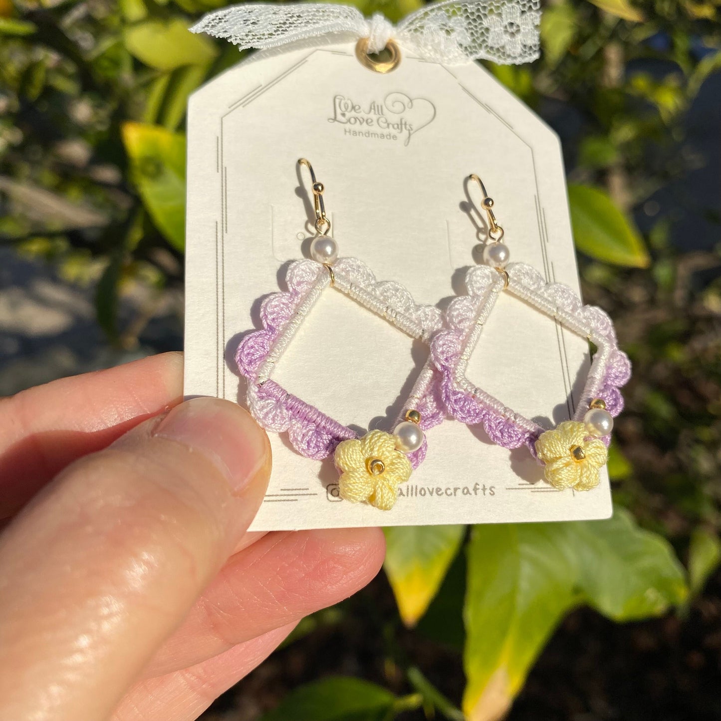 Ombre Purple with yellow flower and pearl crochet earrings in square shape/Microcrochet /dangle geometry jewelry/gift for her/Ship from US