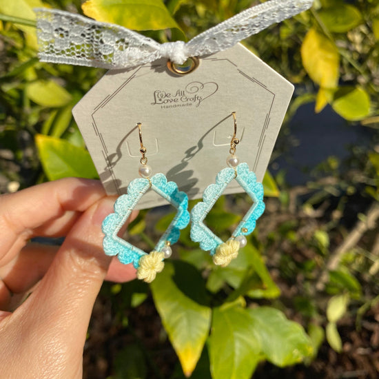 Load image into Gallery viewer, Ombre sky blue with yellow flower and pearl crochet earrings in square shape/Microcrochet /dangle geometry jewelry/gift for her/Ship from US
