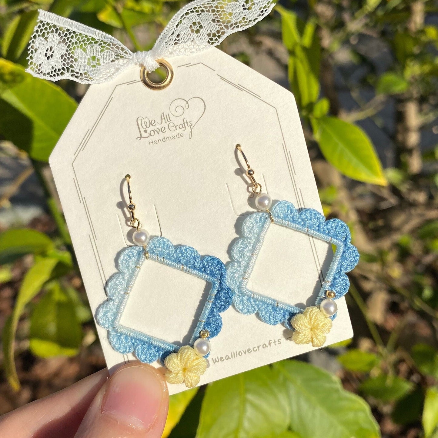 Ombre dark blue with yellow flower and pearl crochet earrings in square shape/Microcrochet /geometry jewelry/gift for her/Ship from US