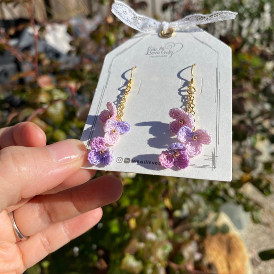 Pink and purple ombre flower cluster crochet dangle earrings/Microcrochet/14k gold/gift for her/Knitting handmade jewelry