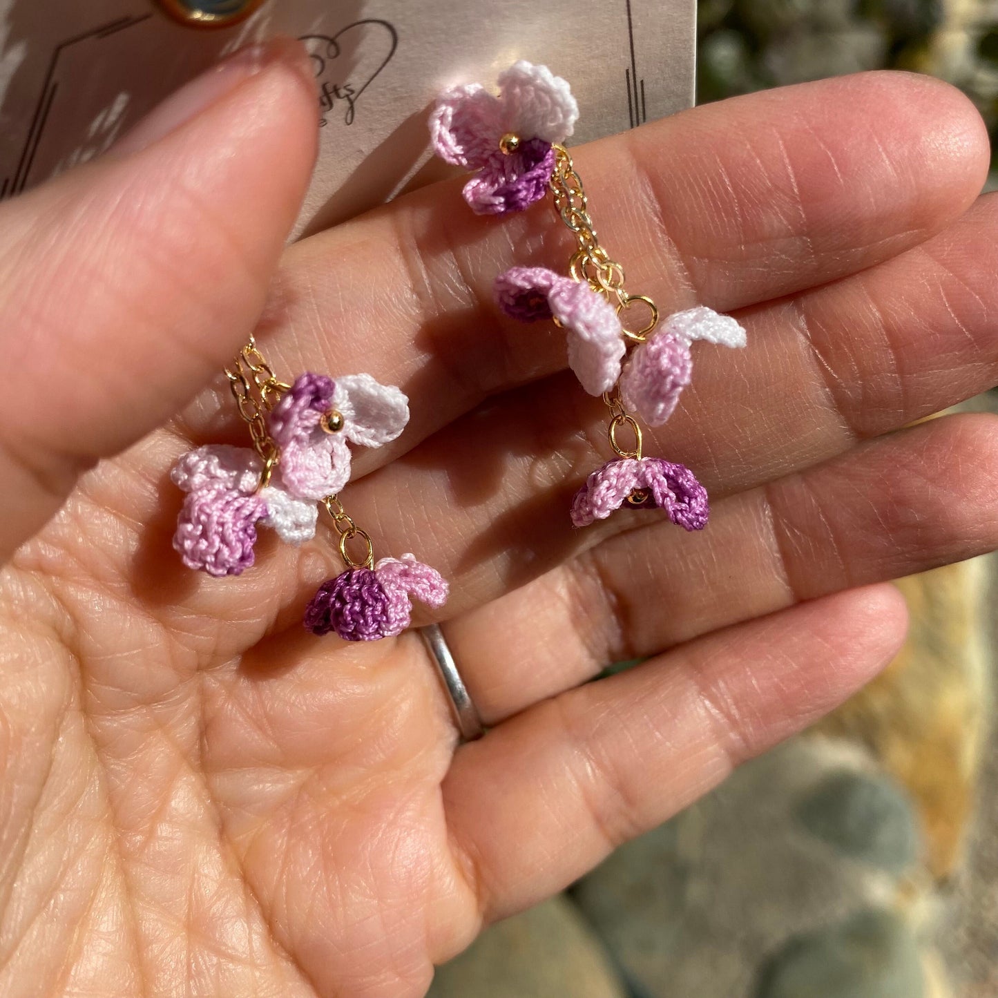 Purple ombre flower cluster crochet dangle stud earrings/Micro crochet/14k gold/gift for her/Knitting handmade jewelry