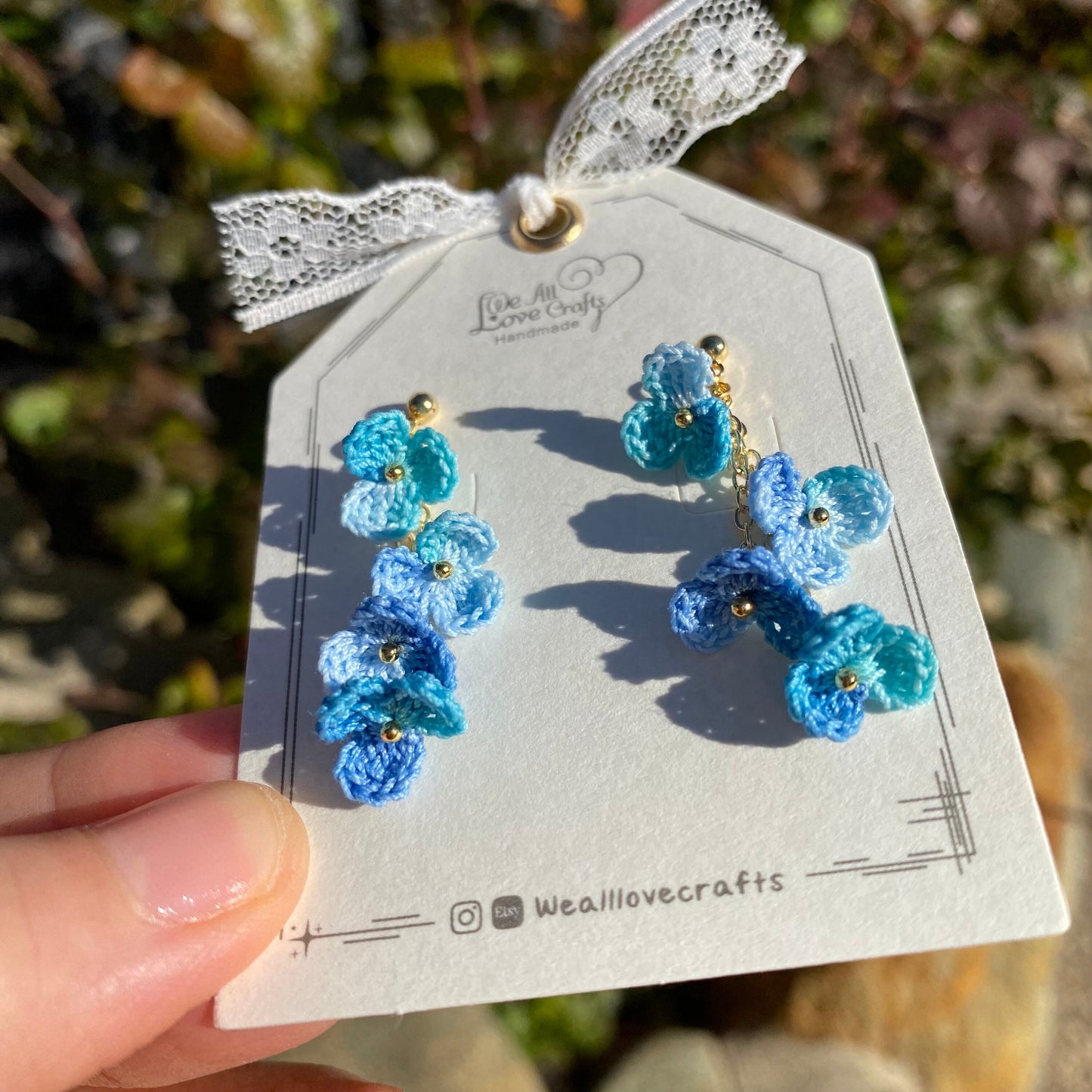 Blue ombre flower cluster crochet dangle stud earrings/Micro crochet/14k gold/gift for her/Knitting handmade jewelry