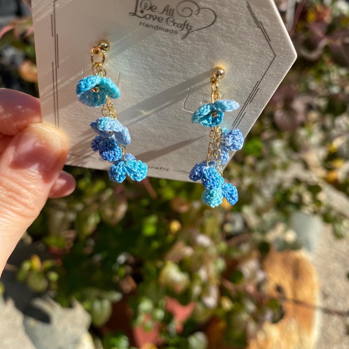 Blue ombre flower cluster crochet dangle stud earrings/Micro crochet/14k gold/gift for her/Knitting handmade jewelry