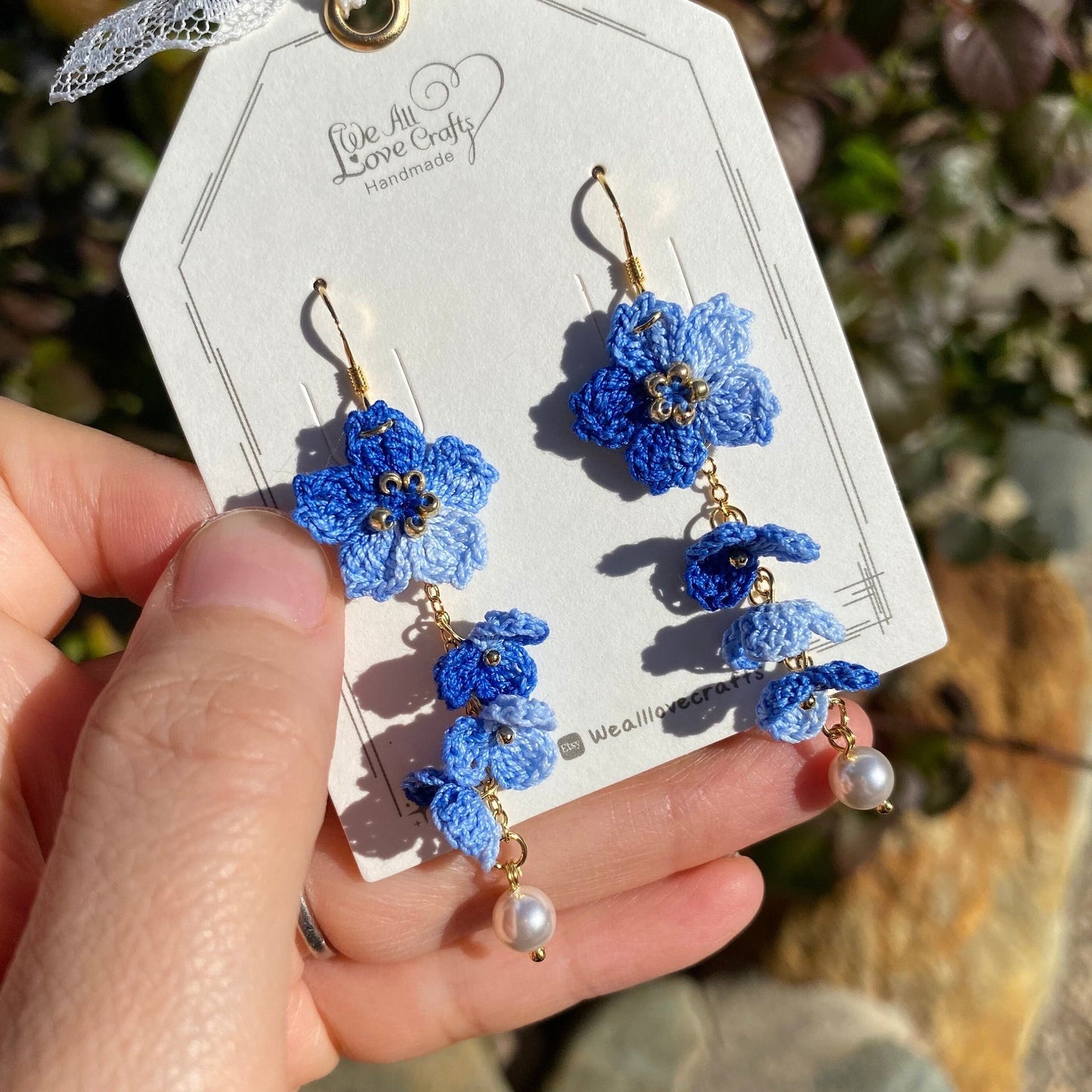 Indigo Dark Blue ombre Cherry blossom flower cluster crochet dangle earrings/Micro crochet/14k gold/gift for her/Knitting handmade jewelry