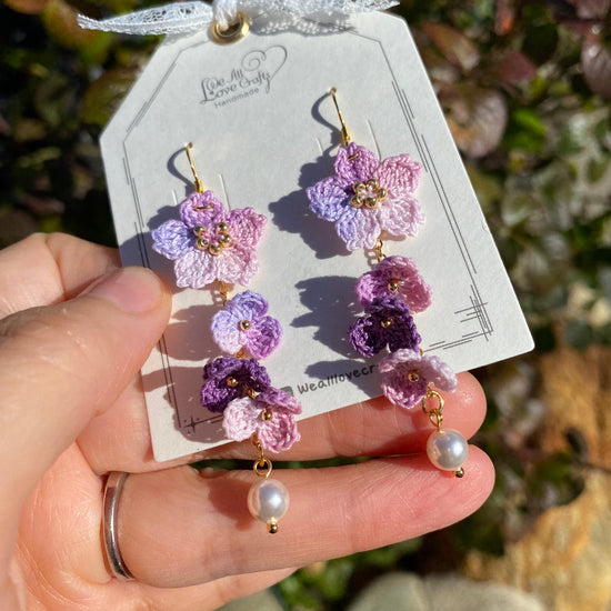 Load image into Gallery viewer, Purple and Pink ombre Cherry blossom flower cluster crochet dangle earrings/Micro crochet/14k gold/gift for her/Knitting handmade jewelry
