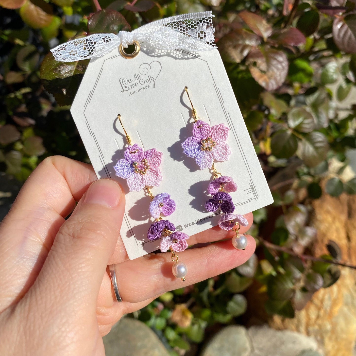 Load image into Gallery viewer, Purple and Pink ombre Cherry blossom flower cluster crochet dangle earrings/Micro crochet/14k gold/gift for her/Knitting handmade jewelry
