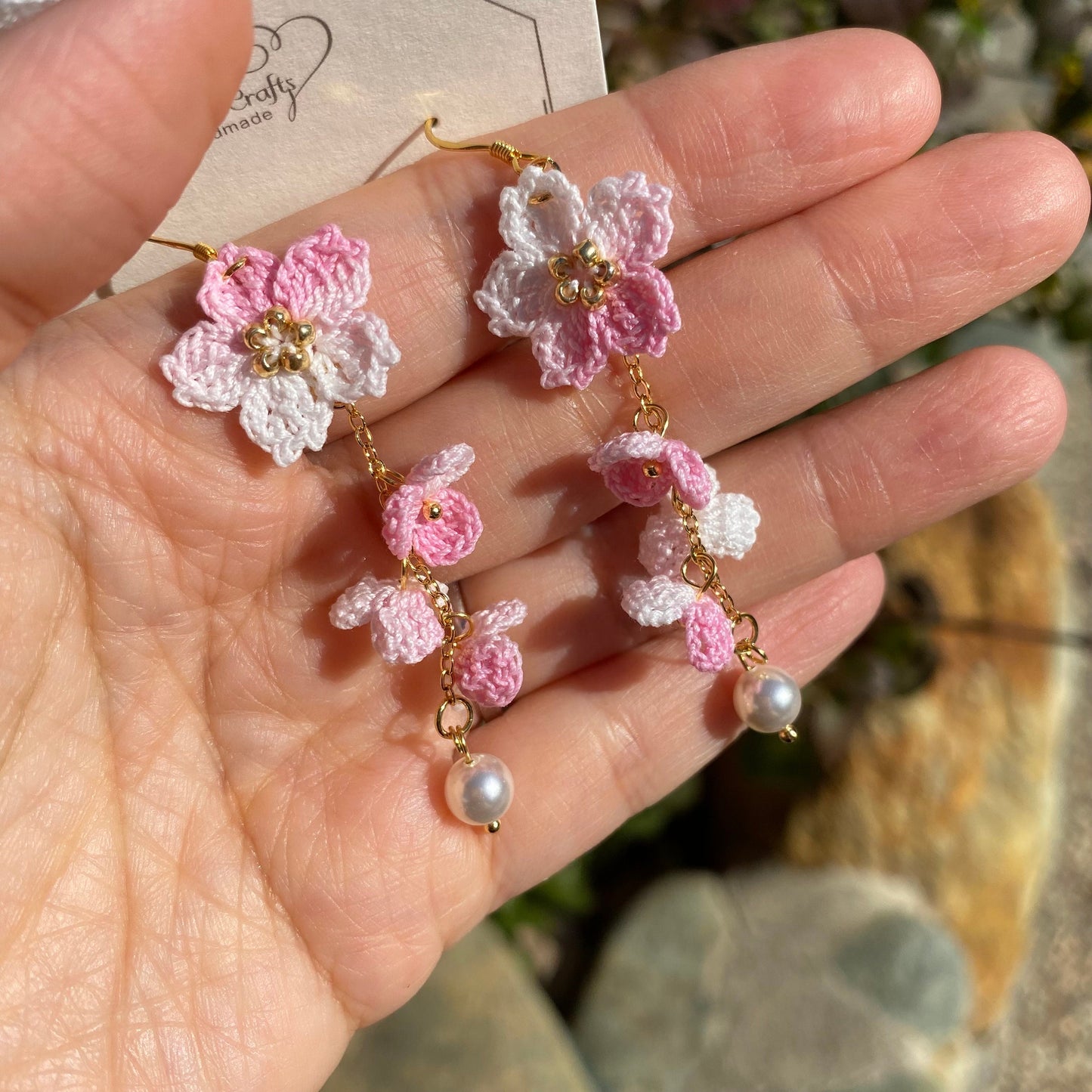 Light Pink ombre Cherry blossom flower cluster crochet dangle earrings/Micro crochet/14k gold/gift for her/Knitting handmade jewelry