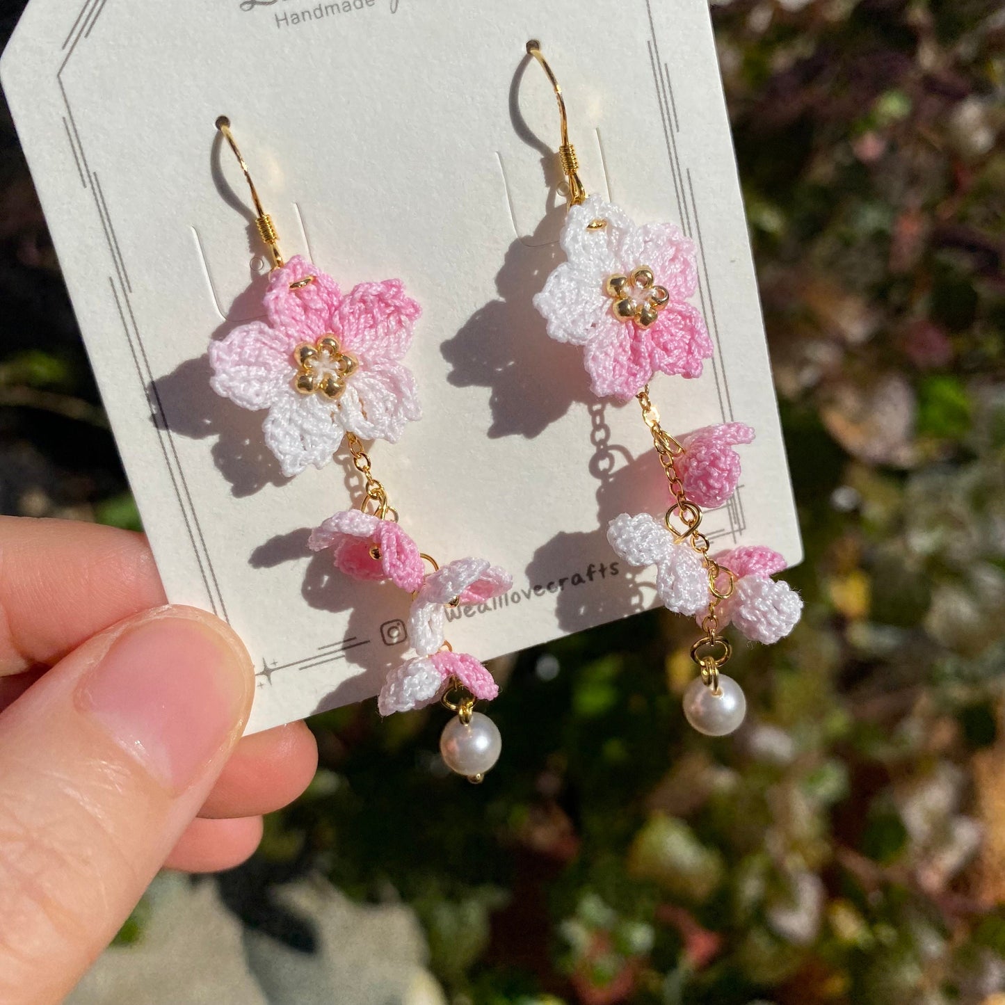 Light Pink ombre Cherry blossom flower cluster crochet dangle earrings/Micro crochet/14k gold/gift for her/Knitting handmade jewelry