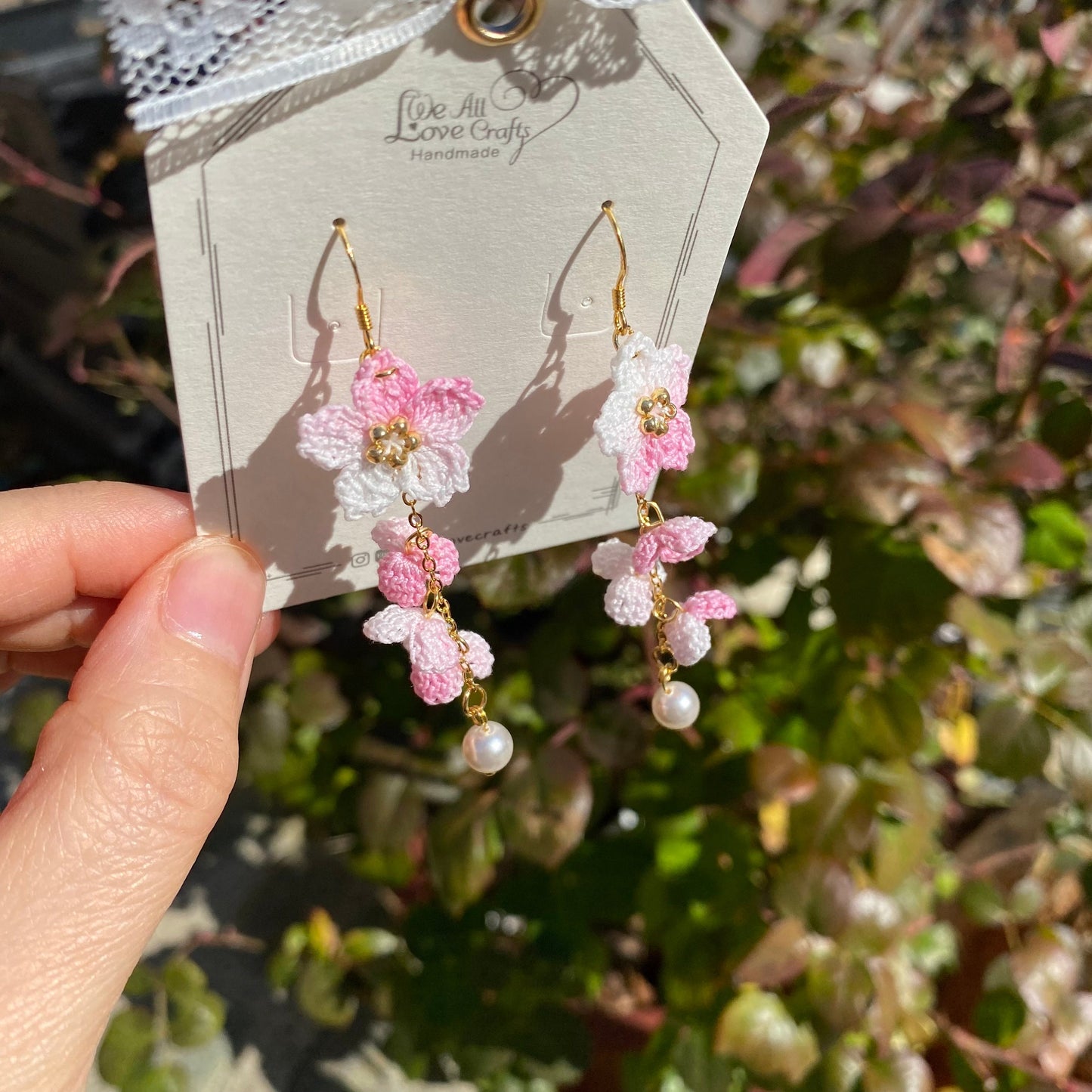 Load image into Gallery viewer, Light Pink ombre Cherry blossom flower cluster crochet dangle earrings/Micro crochet/14k gold/gift for her/Knitting handmade jewelry
