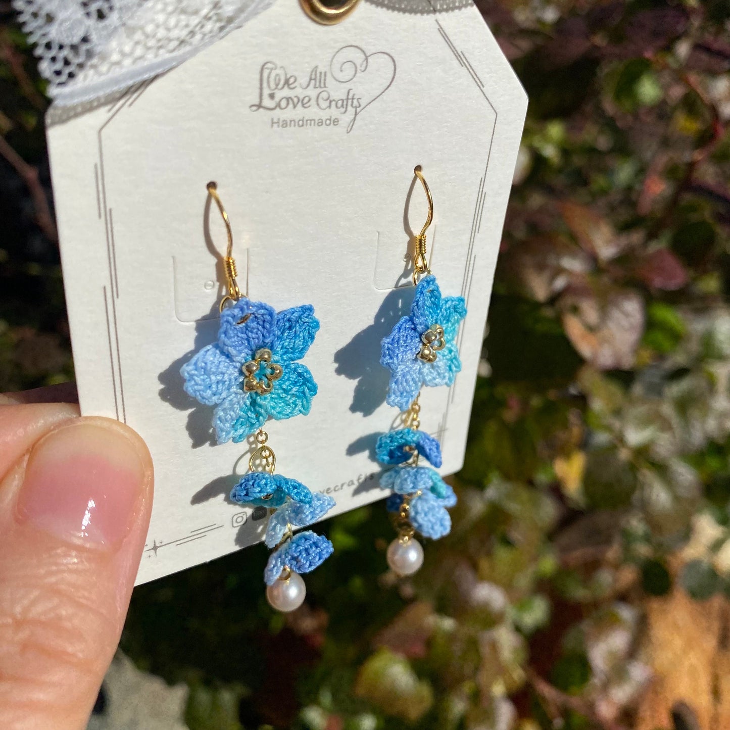 Blue ombre Cherry blossom flower cluster crochet dangle earrings/Micro crochet/14k gold/gift for her/Knitting handmade jewelry