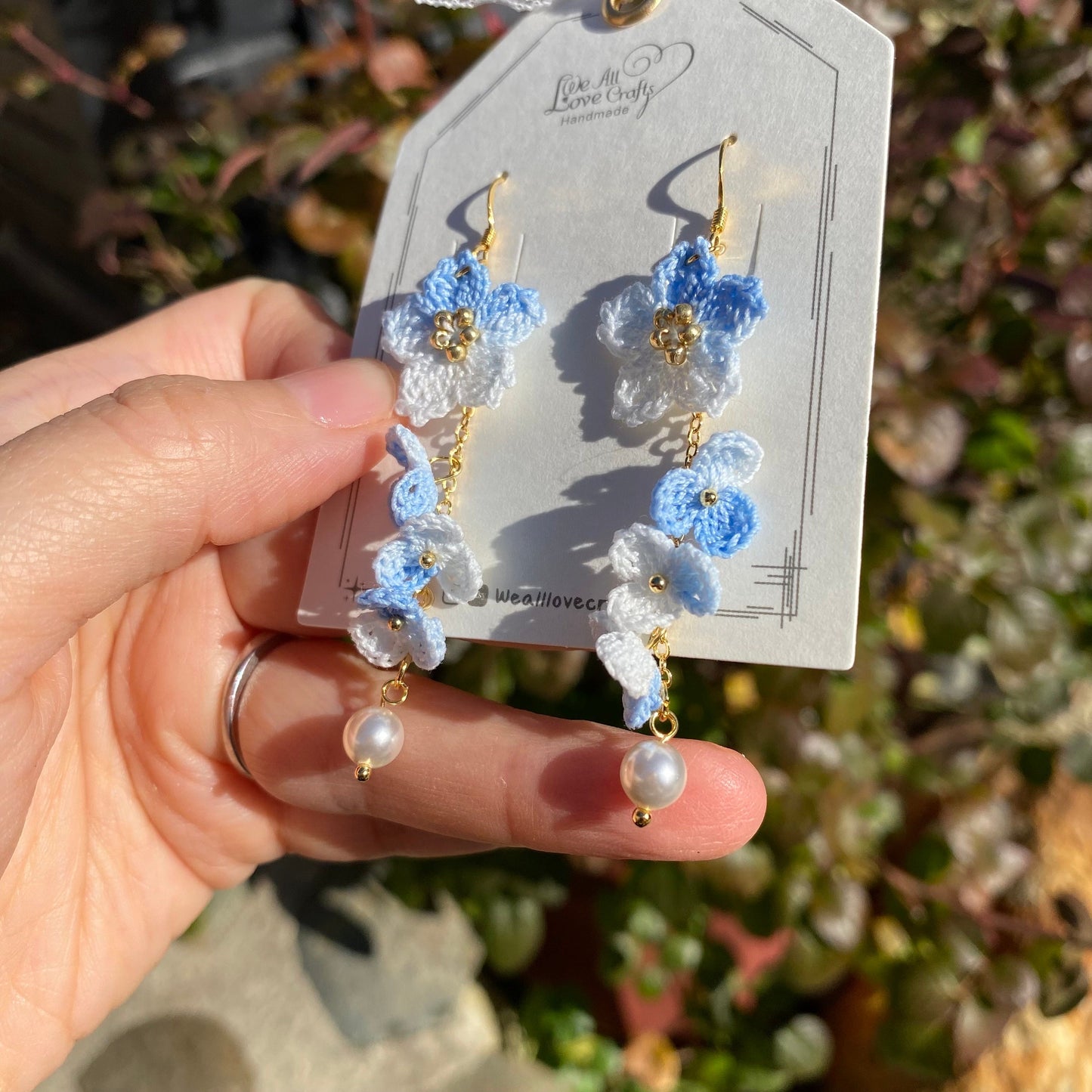 Load image into Gallery viewer, Light Blue ombre Cherry blossom flower cluster crochet dangle earrings/Micro crochet/14k gold/gift for her/Knitting handmade jewelry
