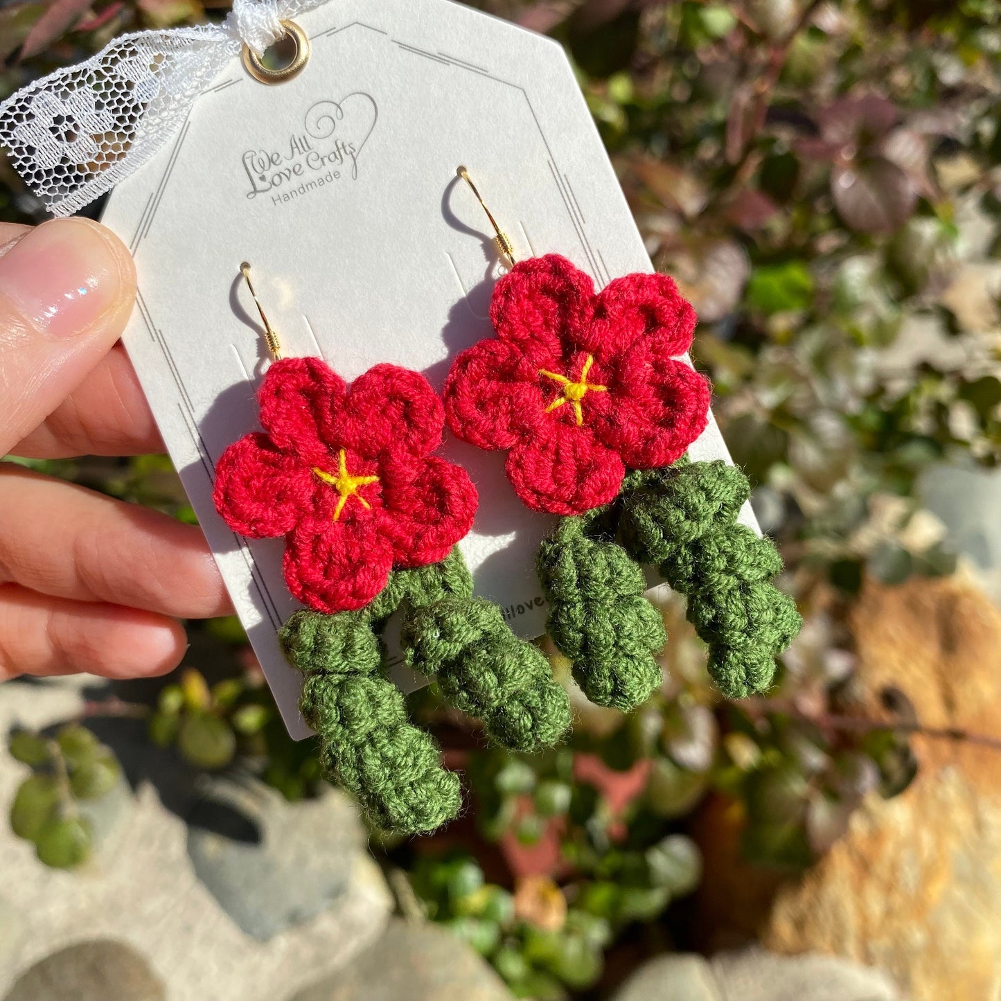 Red flower with curled leaves crochet dangle earrings/Microcrochet/14k gold/gift for her/kitted twine/Knitting handmade jewelry/Ship from US