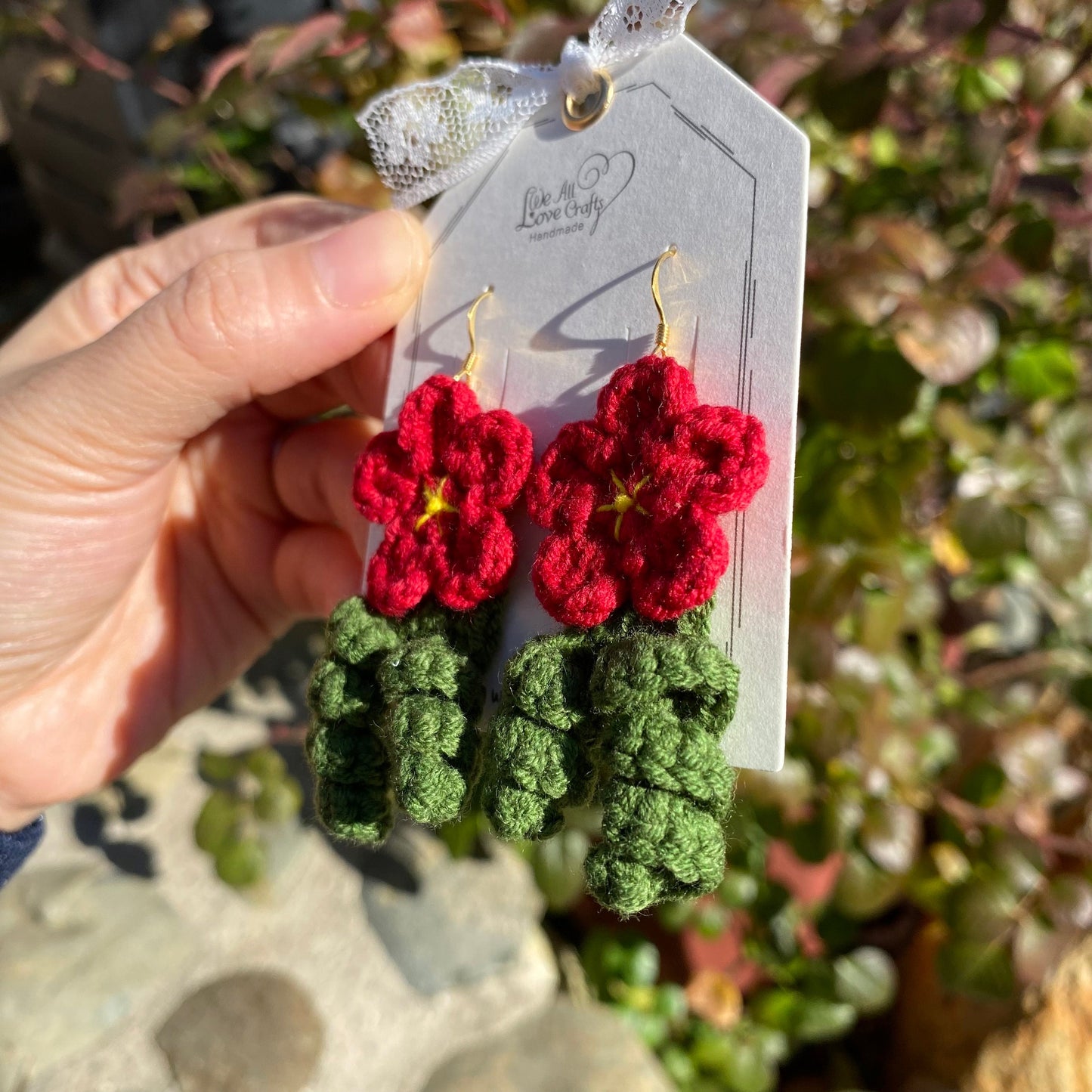 Red flower with curled leaves crochet dangle earrings/Microcrochet/14k gold/gift for her/kitted twine/Knitting handmade jewelry/Ship from US