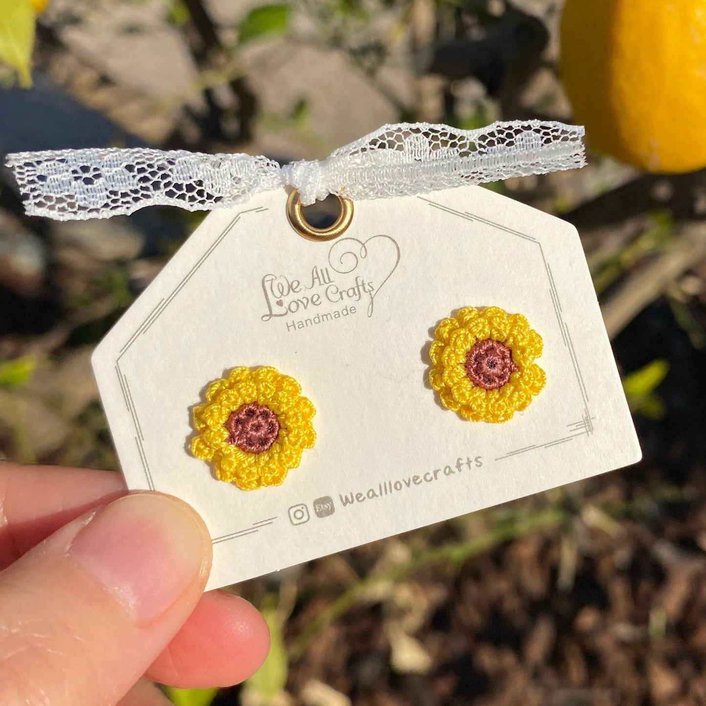 Yellow Sunflower Studs/Microcrochet/14k gold earrings/fall flower gift for her/Knitting handmade jewelry