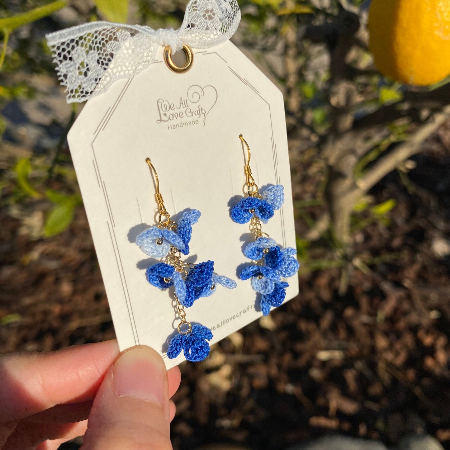 Dark Blue ombre flower cluster crochet dangle hook earrings/Micro crochet/14k gold/gift for her/Knitting handmade jewelry/Ship from US