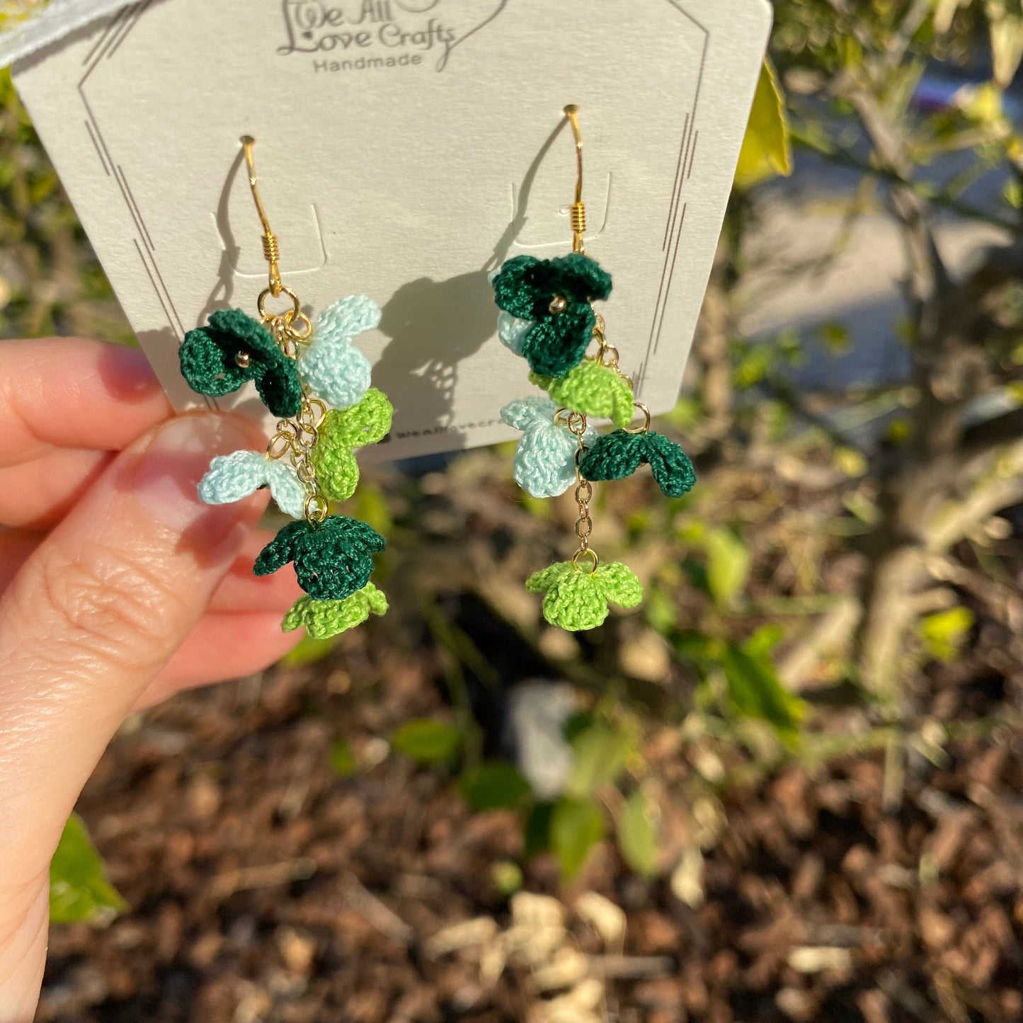 Green ombre flower cluster crochet dangle hook earrings/Micro crochet/14k gold/gift for her/Knitting handmade jewelry/Ship from US