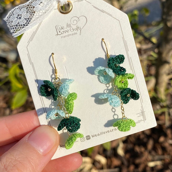 Green ombre flower cluster crochet dangle hook earrings/Micro crochet/14k gold/gift for her/Knitting handmade jewelry/Ship from US