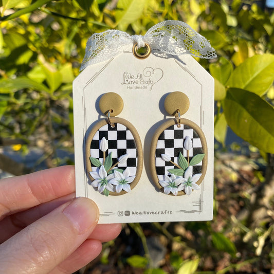 Black and White Checkerboard background Polymer Clay handmade earrings with Lily flower/14k s925 sterling sliver mod clay/Geometry Statement